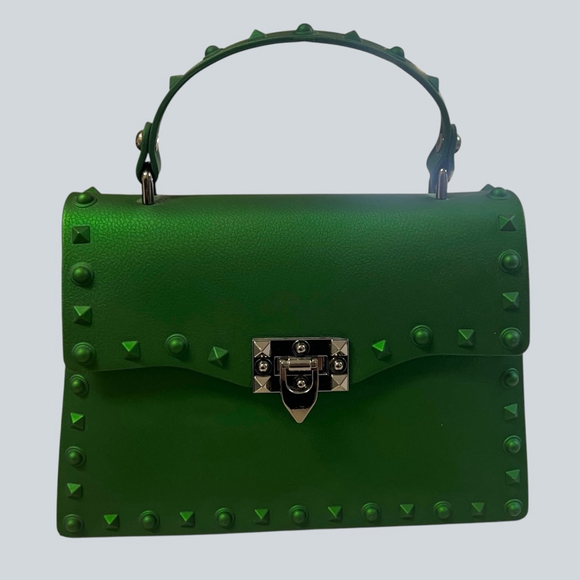 Green Studded Jelly Satchel Top Handle Crossbody Bag Rivet Lock Y2K - Picture 16 of 16